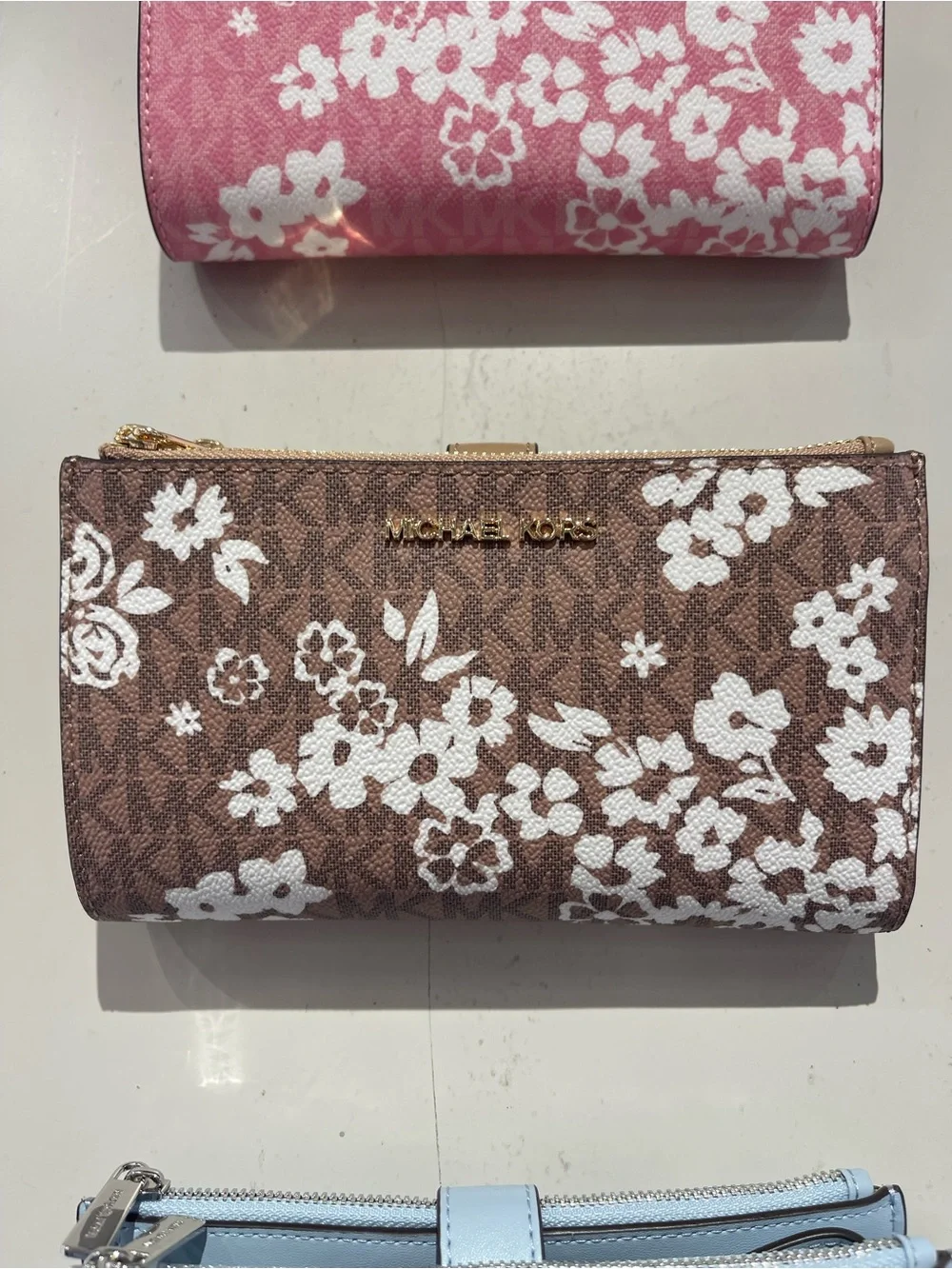 MICHAEL KORS JST Lg Double Zip Printed Signature Logo Wristlet Wallet Camel NWT
